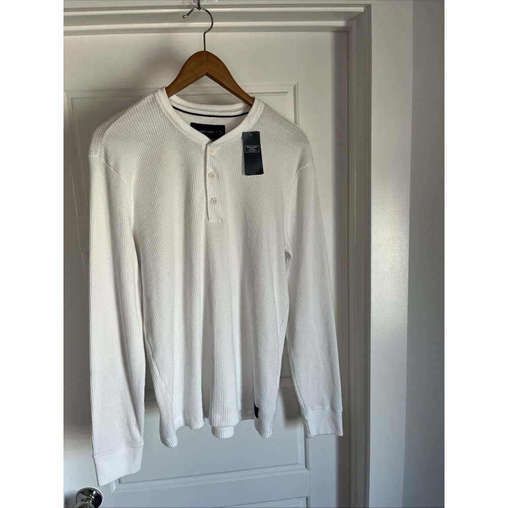 Abercrombie &Fitch White L Waffle Knit Long Sleeve Henley SolidButton TShirt New